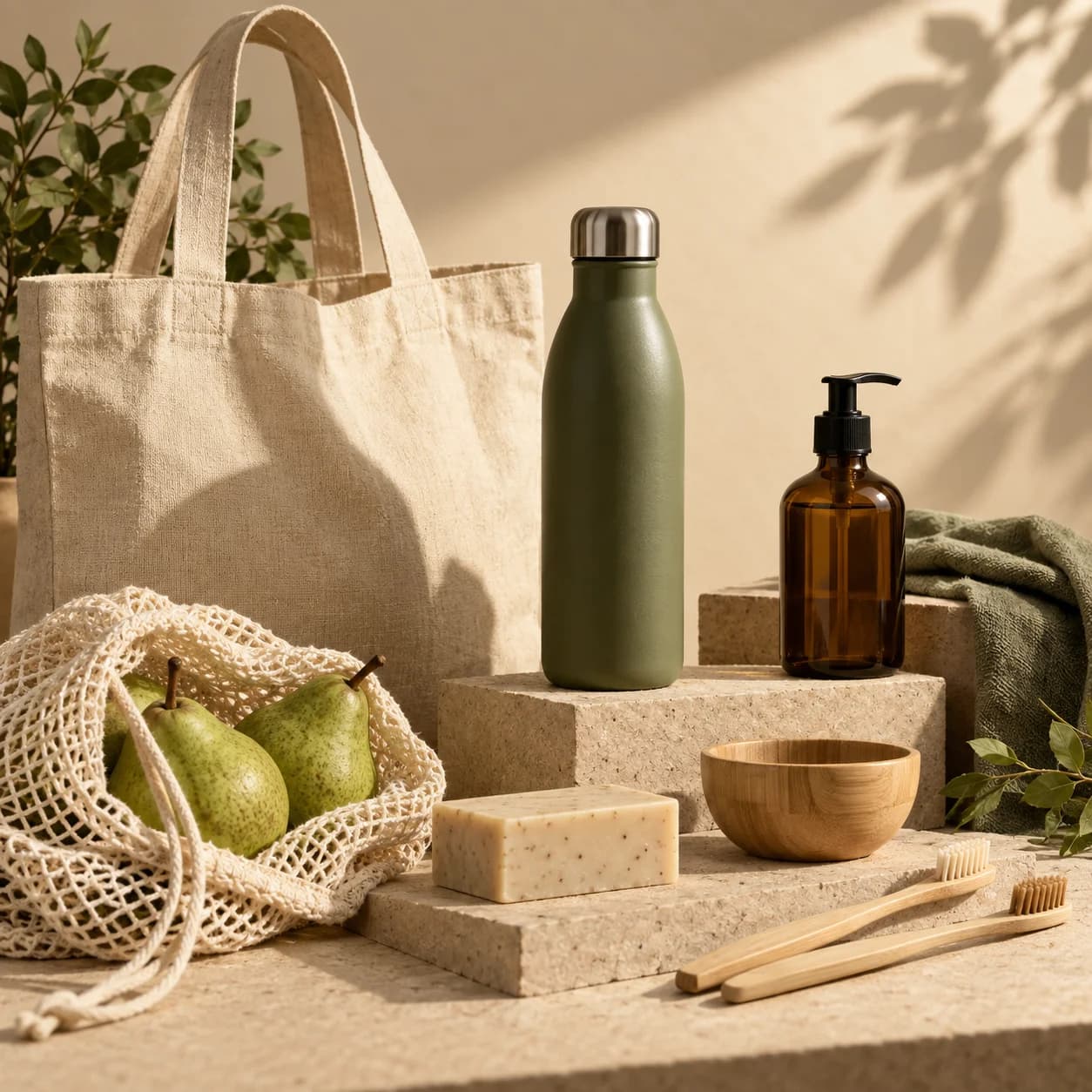 Reusable canvas tote, green water bottle, bamboo essentials and natural soap in a sunlit still life